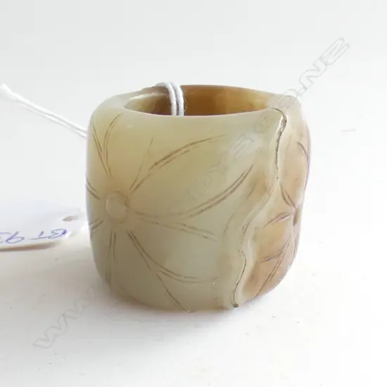 CHINESE PALE JADE ARCHER'S RING FLORAL CARVED CYLINDRICAL