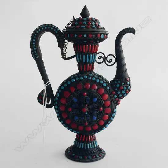 VINTAGE TIBETAN TEAPOT w. CORAL & TURQUOISE DECORATION H.235mm