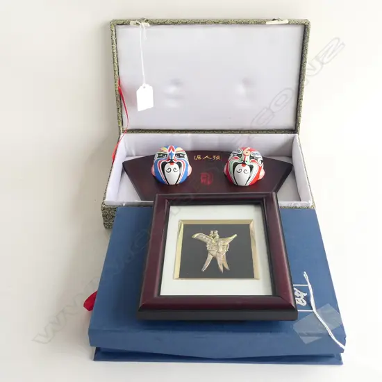 2 CASED CHINESE ARTWORKS; FRAMED HELMET + PR MOUNTED MASKS