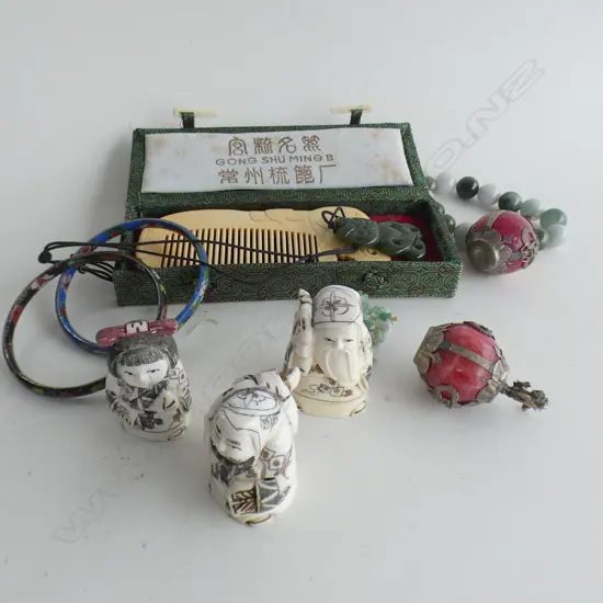 3 BONE NETSUKI, GREENSTONE TIKI PENDANT, 2 CLOISONNE BRACELETS ETC