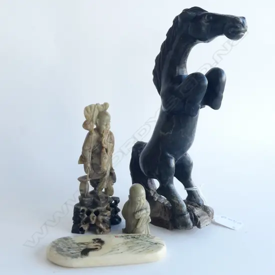 4 ORIENTAL PCES; 3 SOAPSTONE CARVINGS + QUARTZ PLAQUE