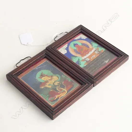 PAIR OLD THANG-KA PAINTINGS. HARDWOOD FRAMES 130 X 95mm EA