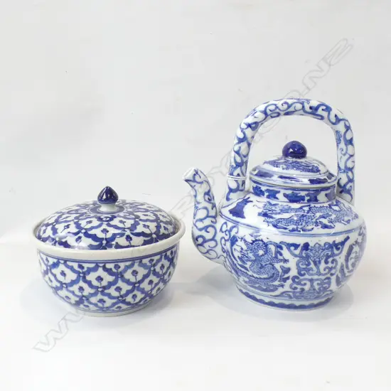 2 PCES B/W ORIENTAL CHINA; TEAPOT, LIDDED CONTAINER 130mm dia