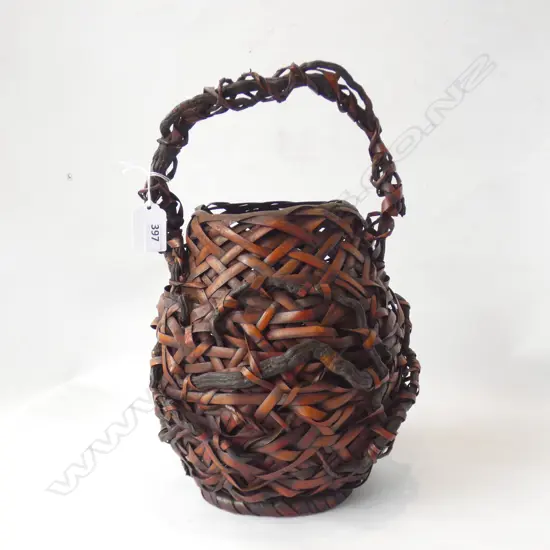 19TH CENTURY WOVEN BAMBOO & ROOT FORM KEBANA BASKET H 350MM