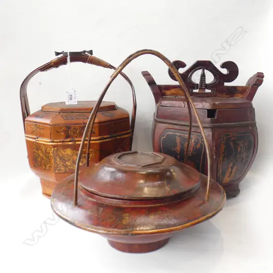 3 ORIENTAL STORAGE BOXES - LARGEST DIA 300MM