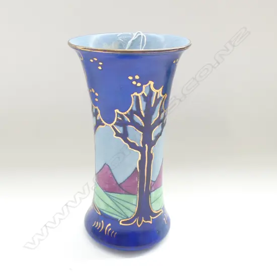 UNUSUAL FREDERICK RHEAD VASE, H/PAINTED & TUBELINED L'SCAPE & TREES H.190mm
