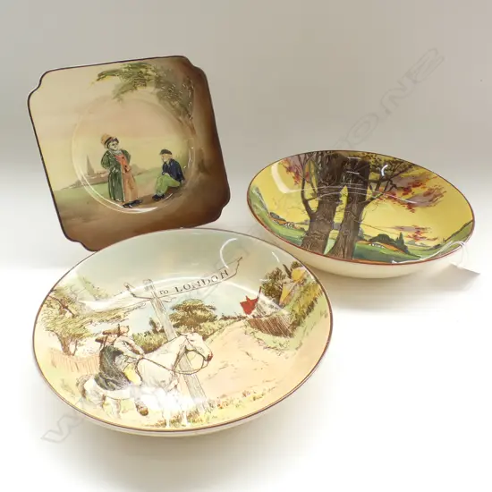 (17865) 3 DOULTON PCES: ROGER DE COVERLEY BOWL; AUST DESIGN SQ PLATE; H/PAINTED COUNTRY SCENE 