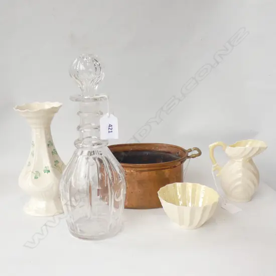 5 ITEMS; 3 PCES BELLEEK + DECANTER & COPPER POT W.200mm