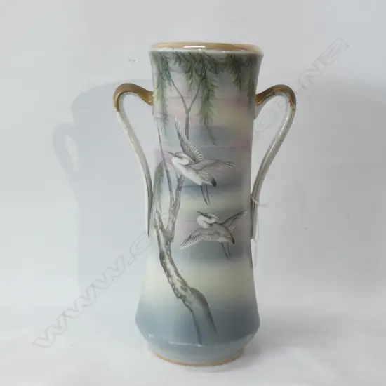 LARGE CIRCA 1900 NORITAKE VASE WITH CRANE DECORATION 375mm H