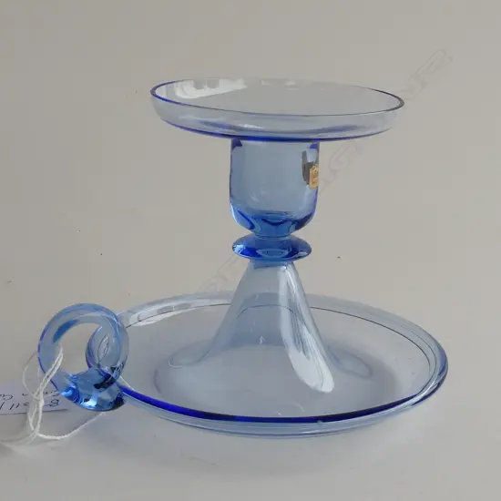 SIMON GATE FOR ORREFORS BLUE GLASS HAND HELD CANDLE STICK 135mm dia 