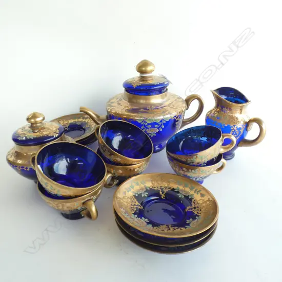 15 PCE BLUE VENETIAN GLASS TEA SET; 6 TRIOS, TEAPOT, MILK & LIDDED SUGAR