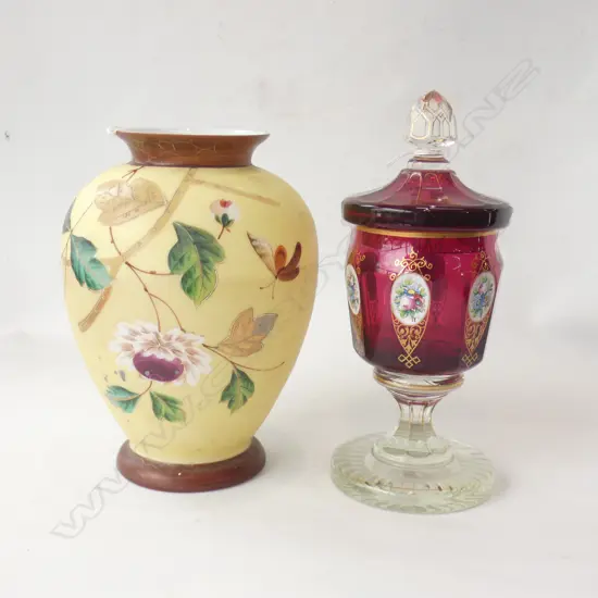 VICTORIAN CRANBERRY GLASS LIDDED URN (245MM) + PAINTED GLASS VASE (H 220MM)