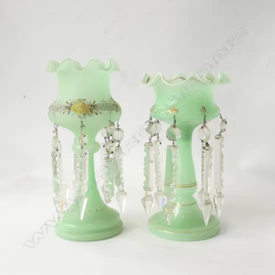 2 VICTORIA  GREEN FROSTED GLASS LUSTRES LARGEST H 245MM