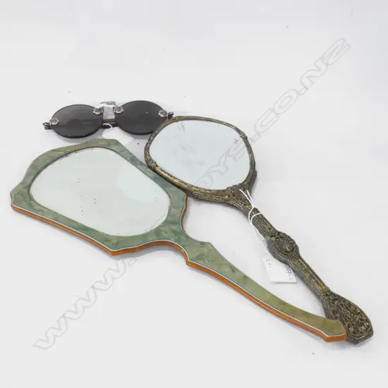 2 VINTAGE HAND MIRRORS & FOLDING ORIENTAL SUNGLASSES 