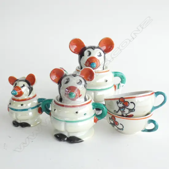 OLD JAPANESE MICKEY MOUSE CHILDS TEASET. POT, 2 CUPS, SUGAR & CREAM