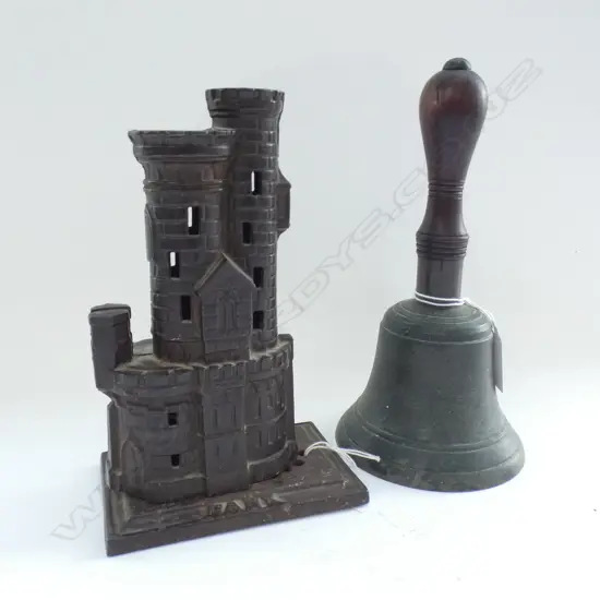 2 METAL ITEMS OLD BELL AND CAST IRON MONEY BOX