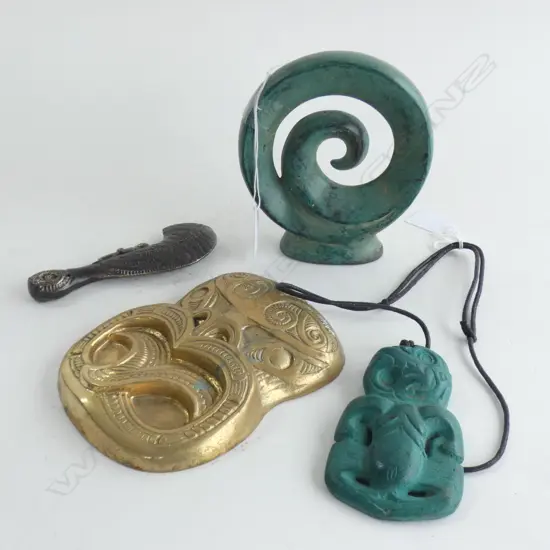 4 BRONZE PCES; TIKI ON NECKLACE, PATU L.130mm, KORU & TIKI FACE