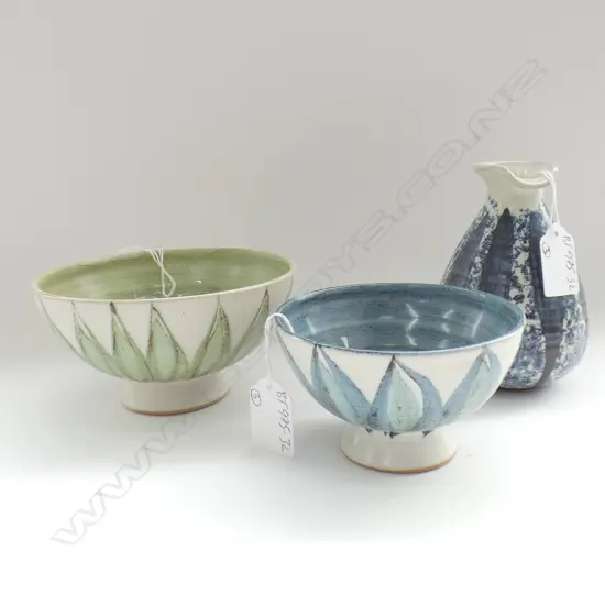 HAMNER POTTERY VINEGAR BOTTLE & BOWL AND ANOTHER IN GREEN GLAZES