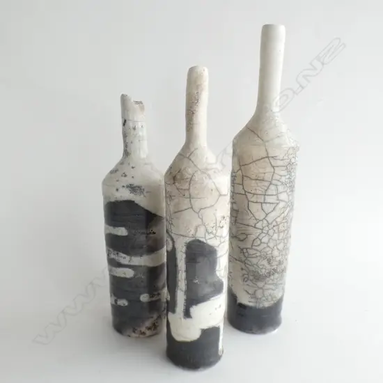 3 RAKU FIRED STUDIO POTTERY VASES H.270mm IMPRESSED MARK TO BASE