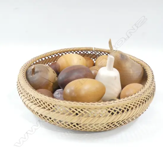 WOVEN BASKET OF WOODEN EGGS, APPLE, PEAR ETC + MARBLE PEAR & EGGS 