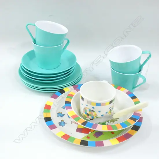 4 TEAL ZEALITE TRIOS + 3 PC ELMER MELAMINE CHN'S SET + BUZZY BEE KNIFE