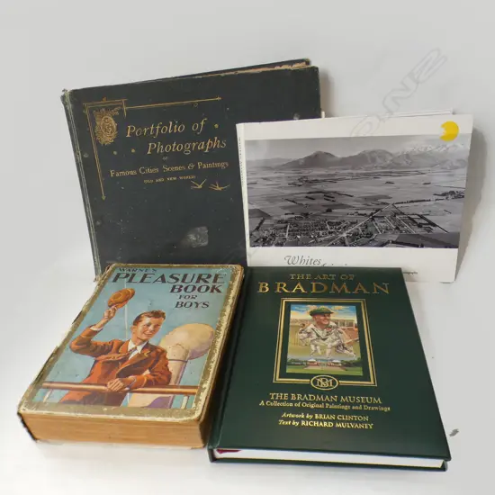 BOX LOT BOOKS; WHITES AVIATION, CRICKET, BOYS ANNUAL, PORTFOLIO OF B/W PRINTS