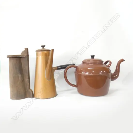 ENAMEL KETTLE + COPPER COFFEE KETTLE + BISCUIT BARREL