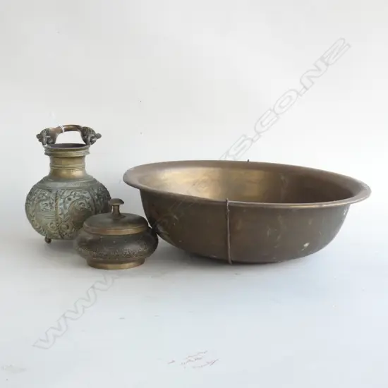 2 MIDDLE EASTERN BRASS CONTAINERS + ANTIQUE FIELD BOWL 340mm dia