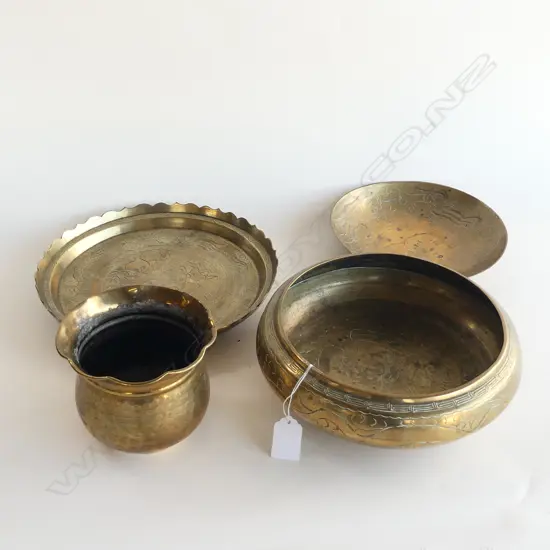 4 BRASS ITEMS. INCLUDES 3 OLD CHINESE BOWLS