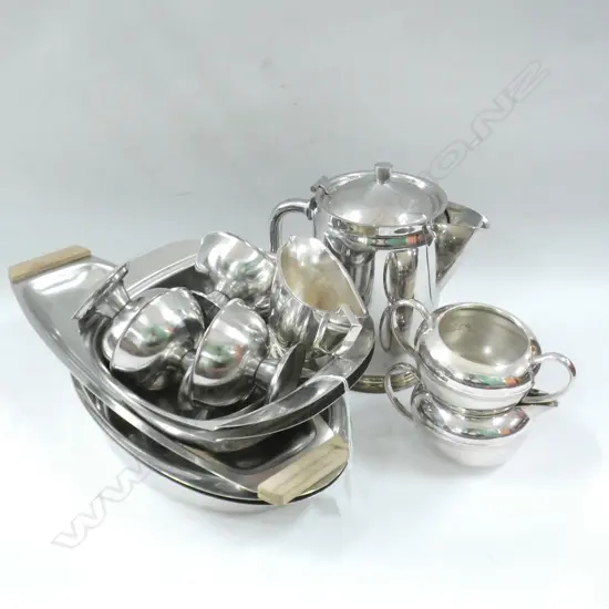 ASST STAINLESS STEEL SERVING DISHES; PLATTERS, JUG ETC..