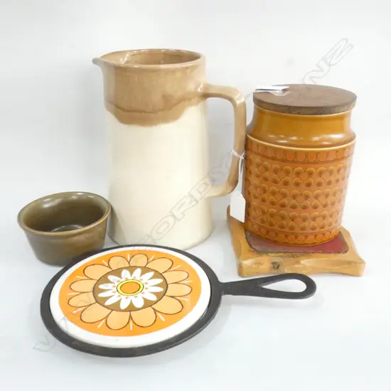 OLD CROWN LYNN JUG (H 210MM), HORNSEA SAFFRON CANISTER, TEMUKA DISH & WOOD & TILE TEAPOT  STAND & TILE TRIVET