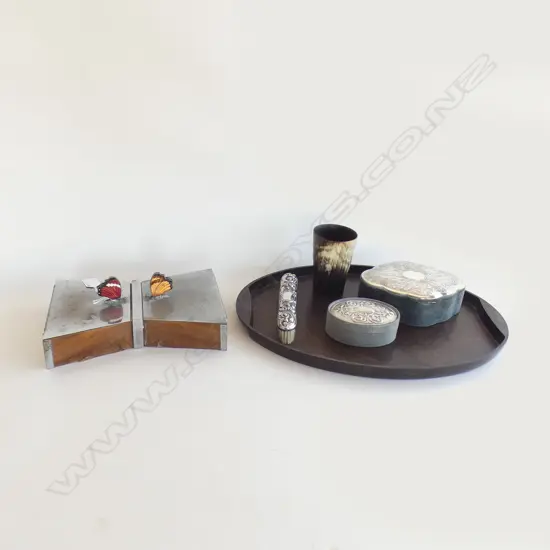 3 SILVER PLATE LIDDED CONTAINERS + BRUSH + HORN CUP & OVAL TRAY 340x475mm