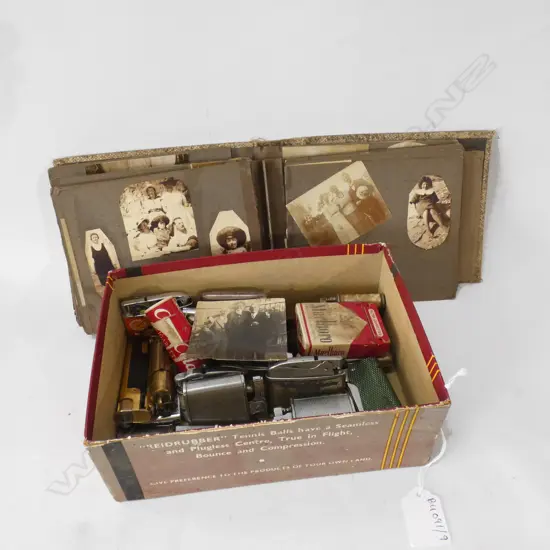 BOX LOT VINTAGE TABLE LIGHTERS + EARLY 20thC FAMILY PHOTO ALBUM AF