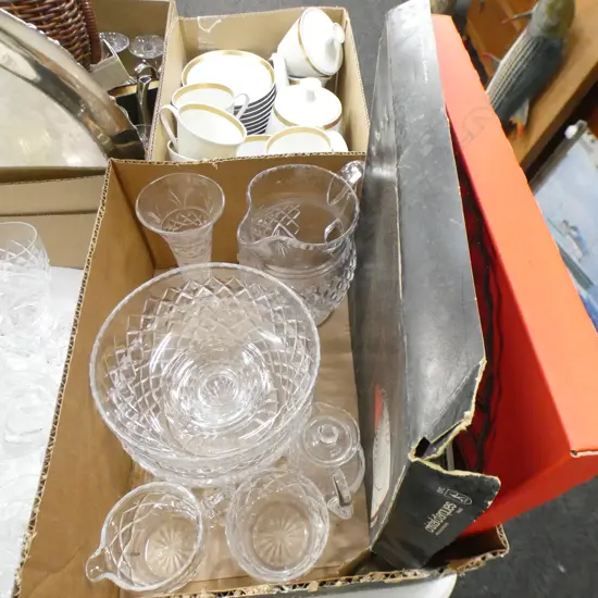 GOOD BOX LOT ASST CRYSTAL; BOWLS, JUGS, VASE ETC..
