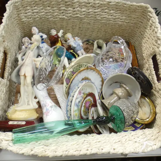 BASKET OF CHINA FIGURINES, PIN DISHES, LIMOGES ETC.