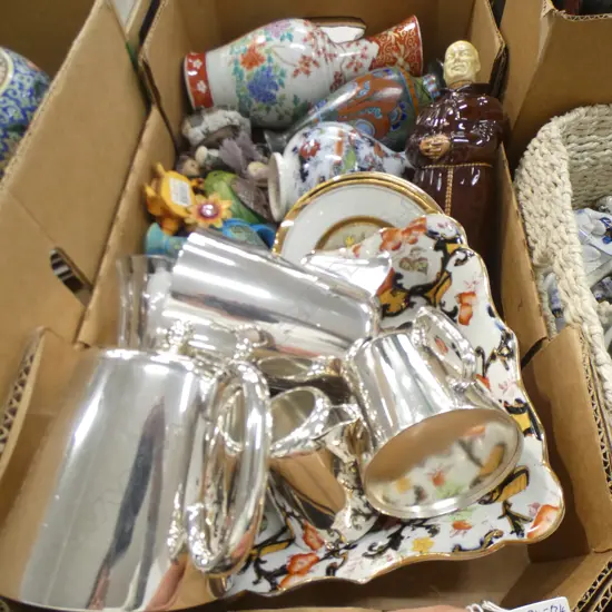 BOX LOT ASST CHINA ITEMS & EPNS TEASET