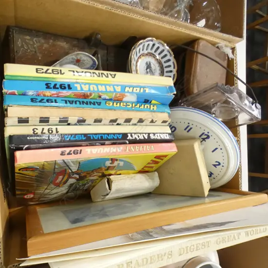 BOX LOT BOYS '70S ANNUALS, CIGAR / CIGARETTE CASE, VINTAGE CAMERAS, CLOCK ETC