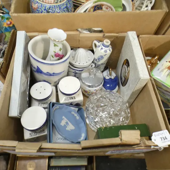 BOX LOT ASST. B/W CHINA, OCR VASE, CRYSTAL CONTAINER ETC