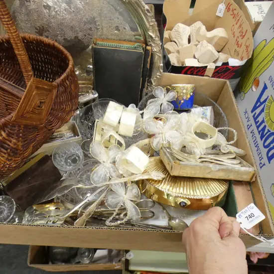 BOX LOT ASST. EP & CHINA; CUTLERY, 3 PCE TEA SET, ETC