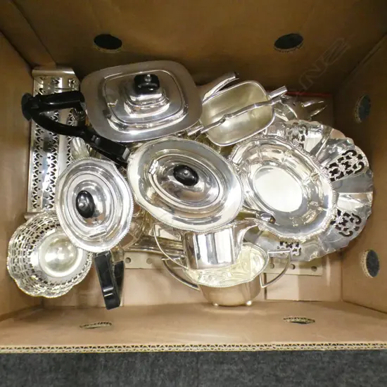 GOOD BOX LOT ASST SILVER PLATES BOWLS, DISHES, COFFEE & TEA POTS, TRAY ETC...