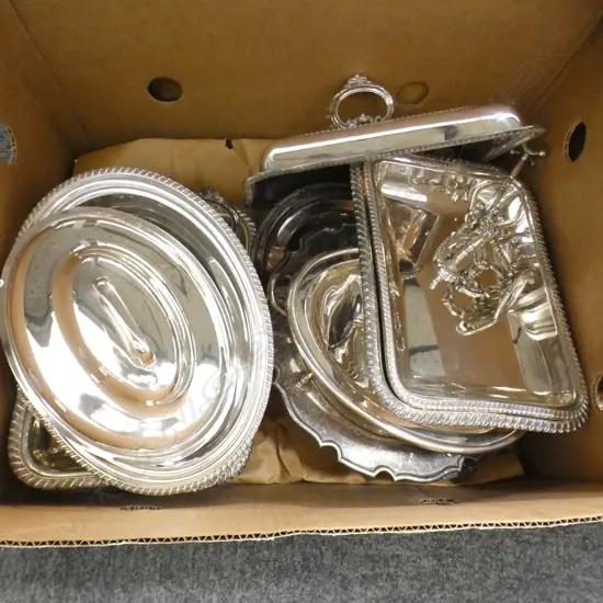 GOOD BOX LOT ASST SILVER PLATE SERVING DISHES + KNIFE RESTS