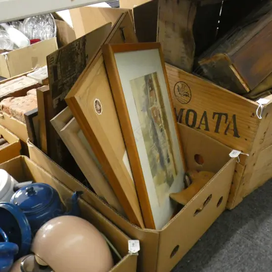 BOX LOT ASST. PRINTS + 2 WOODEN PCES