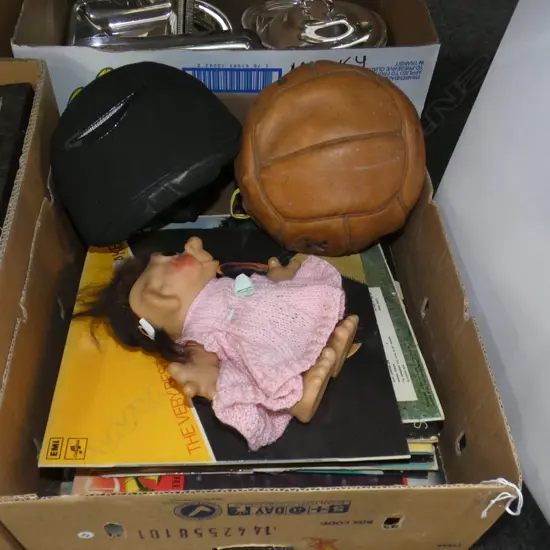 BOX LOT ASST. RECORDS + DOLL, LEATHER BALL, HELMET