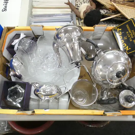 BOX LOT EP TEA SERVICE, BOWLS, GIANT WINE GLASS ETC