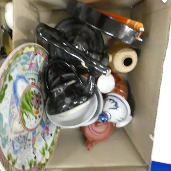 BOX LOT ORIENTAL ITEMS; TEAPOTS, BOWLS, FAMILLE ROSE PLATE ETC