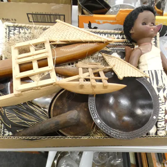 BOX LOT ASST. TRIBAL ITEMS; DOLL, MODEL BOATS, MINI KAVA BOWL ETC