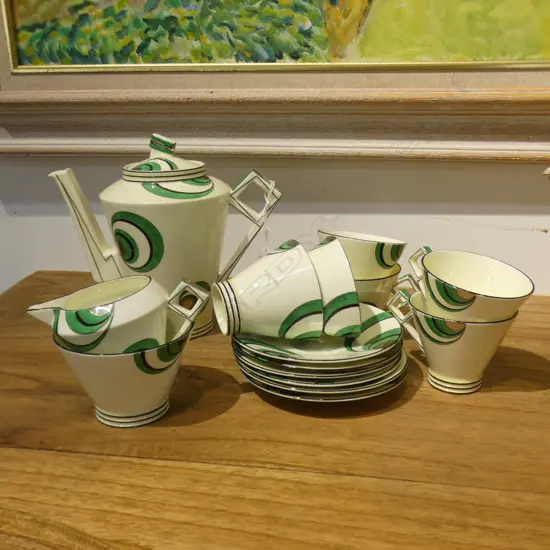 15 PC FOLEY ART DECO GREEN & PLATINUM DEMITASSE COFFEE SET; COFFEE POT, JUG & SUGAR BOWL + 6 CUPS & SAUCERS 
