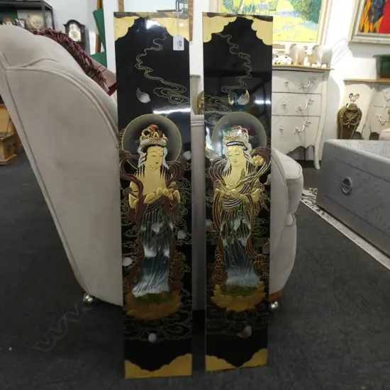 PR HAND PAINTED & GILDED BLACK LACQUER ORIENTAL PANELS  H.875mm. serene goddess