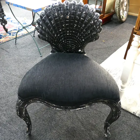 DESIGNER DISTRESSED  ANTIQUE STYLE WOODEN SCALLOP CHAIR, BLACK, 650 x 870mm