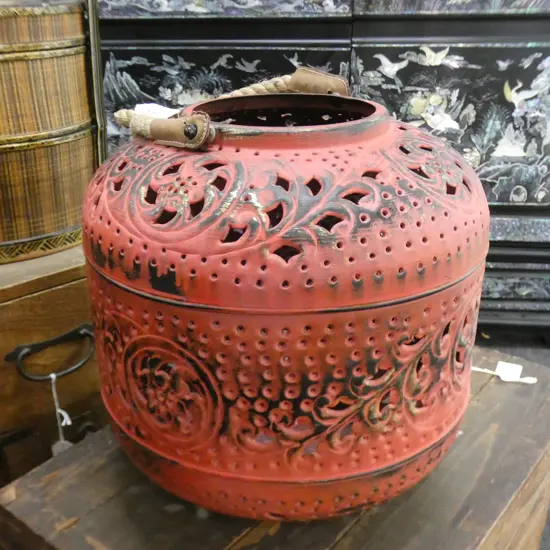 RED CHINESE PIERCED METAL LANTERN H.300mm